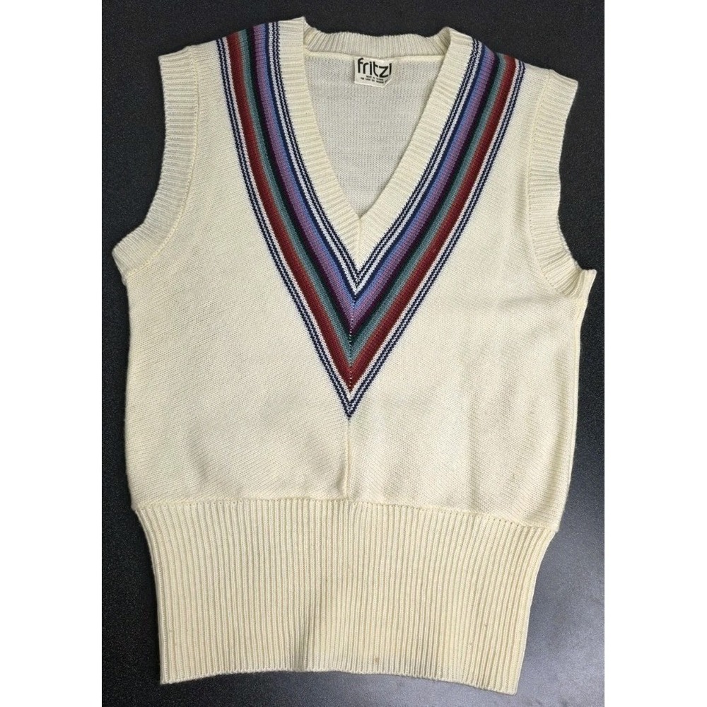 VTG 70s 80s Fritzi Wool Silk Blend Knit Sweater Vest Top V-Neck Stripe‎ Ivory S